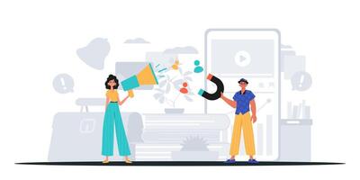 Two people are talking to each other in front of a phone vector