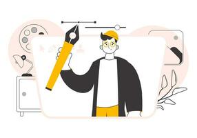 The designer guy holds a pen tool for 2D graphics in his hand. Linear trendy style. Vector illustration.