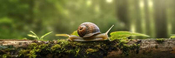 un viaje mediante el bosque. de cerca de un caracol en el bosque con natural antecedentes. ai generativo foto