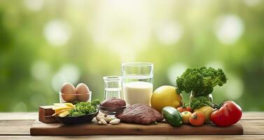 Closeup of vegetables, fruits, and meat on wooden table over green natural background. Generative AI photo