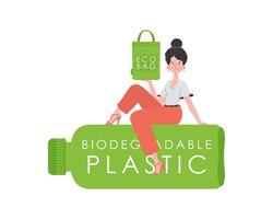 A woman sits on a bottle made of biodegradable plastic and holds an ECO BAG in her hands. The concept of ecology and care for the environment. Isolated. Trend style.Vector illustration. vector