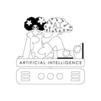 Girl and AI server, in a linear vector style illustrating the artificial intelligence theme