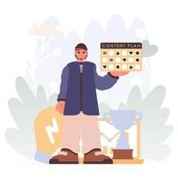 A man holding a calendar with a calendar icon vector