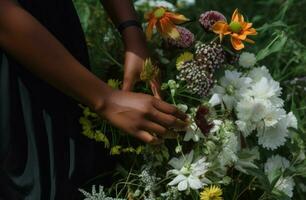 Flowers picking hands beautiful. Generate Ai photo