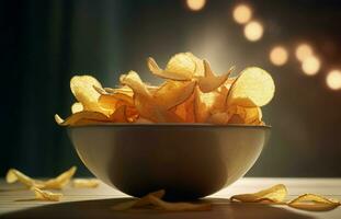 Potato chips flying in bowl. Generate Ai photo