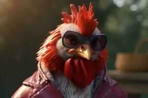 Rooster sunglasses red jacket. Generate Ai photo
