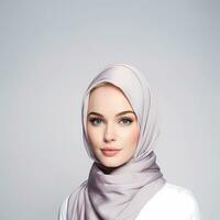A portrait of young smiling muslim woman wearing hijab in a professional studio. Promoting for hijab product and skincare. photo