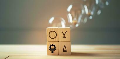 Creative idea, solution and innovation concept. Idea generation for business development. Wooden cube blocks with light bulb and cycle icons on clean background and copy space. AI Generative photo