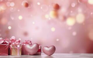 Happy Valentines Day banner. Pink and gold hearts foil balloons with gifts on pink bokeh. Valentine's Day background. Romantic banner Background, empty space for text,  AI Generative photo