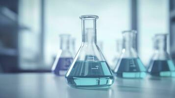 A Science Beaker in the laboratory on a table white and light blue background. laboratory equipment out of focus. AI Generative photo