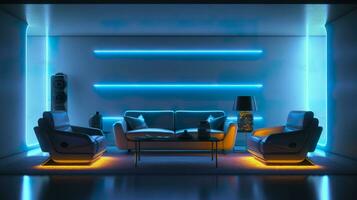 Empty Wall in a Futuristic Sci Fi Living Room with Light Yellow, Light Cyan, and Light Blue Neon. AI Generative photo