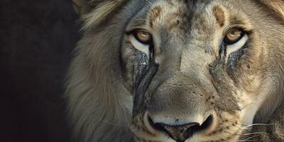 cerca arriba de un africano león. generativo ai foto