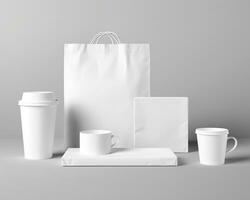 Blank bag, coffee mug, and cup on a light background. Generative AI photo