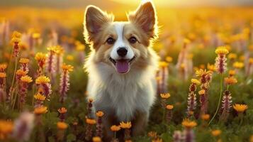 Charming corgi dog with flowers in the spring. Generative AI photo