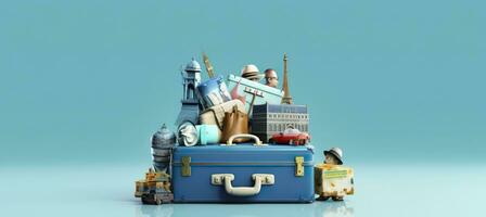 Blue suitcase full of landmarks and travel accessories on blue background. Generative AI photo