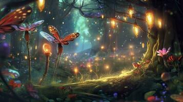 background fairy wood with a single path, zoom on a small portion of the path and add trees, moss, fireflies and mushrooms as additional decorations. AI Generative photo