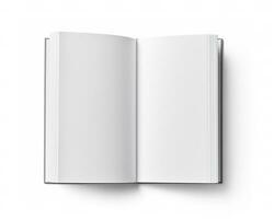 Blank opened book mockup, top view, isolated on white background. Generative AI photo