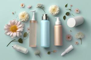 Fresh floral skincare concept. Top view flat lay of pump bottle, pipette, cream bottles, and tubes with flowers on pastel blue background with an empty circle for text or branding. AI Generative photo