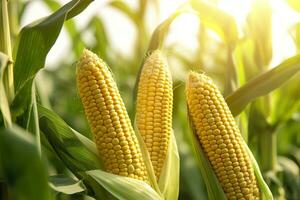 Closeup corn cobs in corn plantation field. Generative AI photo