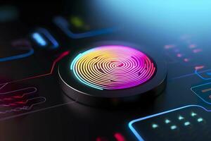 Fingerprint Authentication Button. Biometric Security. Identification and cyber security concept. Glowing neon fingerprint on dark background. AI Generative photo