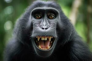 Celebes crested macaque with open mouth. Close up on the green natural background. Generative AI photo