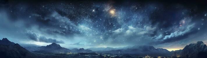 panorama oscuro azul noche cielo, lechoso camino y estrellas en oscuro fondo, universo lleno con estrellas, nebulosa y galaxia, ai generativo foto