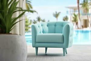 Photo of a modern light blue color armchair alone in the tropical background, AI Generative