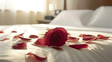 Rose on the bed in the hotel rooms. Rose and her petals on the bed for a romantic evening. honeymoon concept.  AI Generative photo