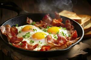 Bacon and eggs in a pan. Composition with tasty fried eggs and bacon on wooden table. AI Generative photo