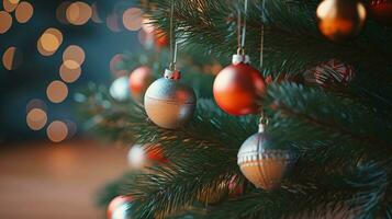 Close Up Realistic Christmas Tree with Abundant Decorations. Festive Holiday Charm photo