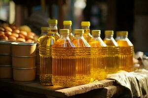 At the bustling street market, vegetable oil is a sought after commodity for sale AI Generated photo