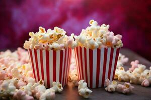 Cinematic delight Fresh popcorn pops in vibrant pink, gracing a cinematic  themed table AI Generated photo