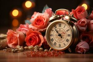 Alarm clock and a vintage rose flower background create a captivating scene AI Generated photo