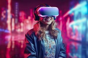 portrait of a smiling woman in casual clothes wearing Virtual Reality glasses, and playing, neo light, blurred neo color background, AI Generative photo