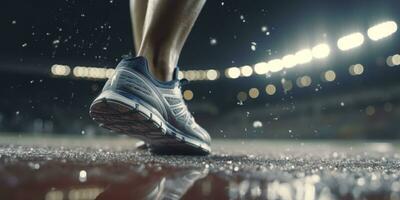 corredor pies corriendo en un estadio, de cerca en pies, Deportes fondo, espacio para Copiar, ai generativo foto