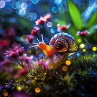 iridiscente caracol en un hada bosque, cerca arriba de un reluciente caparazón. ai generativo foto