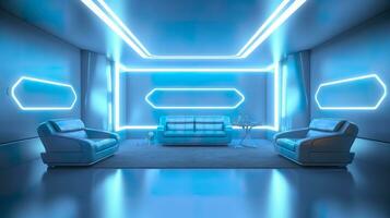 Empty Wall in a Futuristic Sci Fi Living Room with Light Yellow, Light Cyan, and Light Blue Neon. AI Generative photo