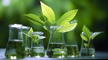 Biotechnology concept with green plant leaves, laboratory glassware, and conducting research, illustrating the powerful combination of nature and science in medical advancements.  AI Generative photo