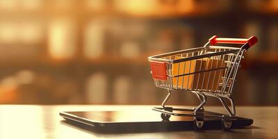 E-Commerce Shopping Cart with Multiple Products. A Sunlit Abstract Background. E-commerce concept. AI Generative photo