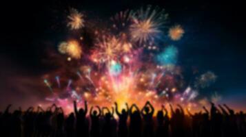 blur joyful crowd dancing and celebration with colorful firework in dark sky at night. happy special moment background concept. generative AI photo