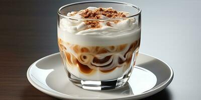 coffee in a transparent glass, a cup with milk foam photo