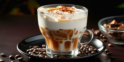 coffee in a transparent glass, a cup with milk foam photo