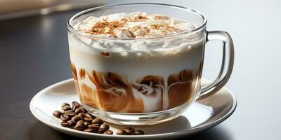 café en un transparente vaso, un taza con Leche espuma foto