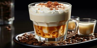 coffee in a transparent glass, a cup with milk foam photo