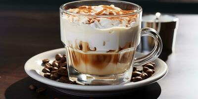 café en un transparente vaso, un taza con Leche espuma foto