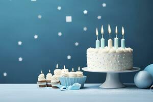 Birthday cake with candles and sweets on white table near blue wall. Generative AI photo