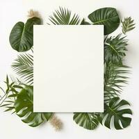 Frame with leaves.  Summer tropical leaves and blank frame with copy space on white background. Generative AI photo