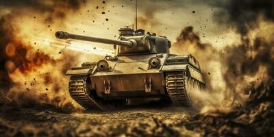 A Close Up Look at the Power and Destruction of a World War II Tank Firing Shell. AI Generative photo