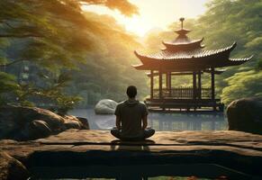 ai generative photo of a man practicing mindfulness and meditation in a peaceful natural environment sony A7s realistic image, ultra hd, high design very detailed