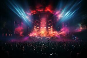 Ai generative Crowded Concert Stage Scenery With Spotlights and Colored Lights realistic image, ultra hd photo